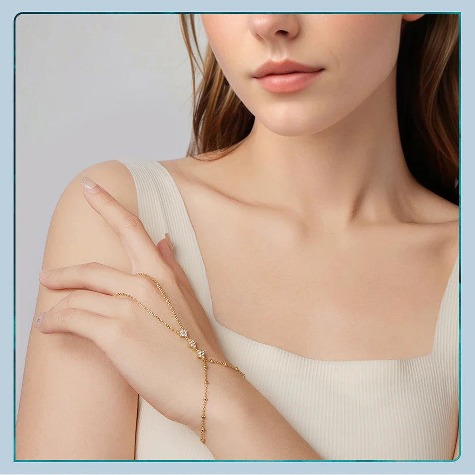 BISAER 925 Sterling Silver Finger Ring Bracelet Hand Chain Trendy Thin Dainty Stackable Chain Plated Gold for Women Fine Jewelry
