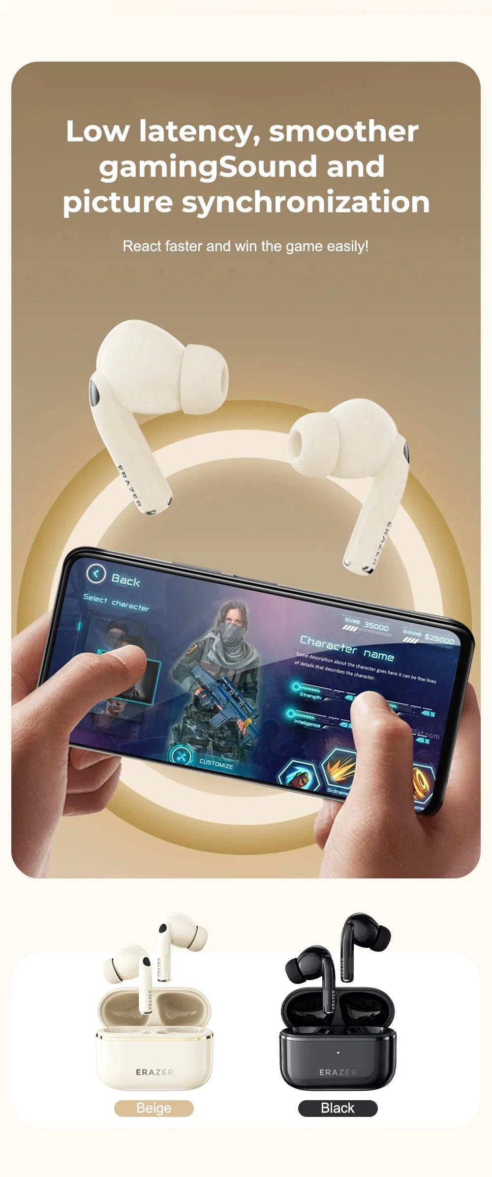 AI Translator Earbuds Erazer XT89PRO Bluetooth Earphones Game Low Latency Wireless Headphones In-Ear Noise Reduction Softpads