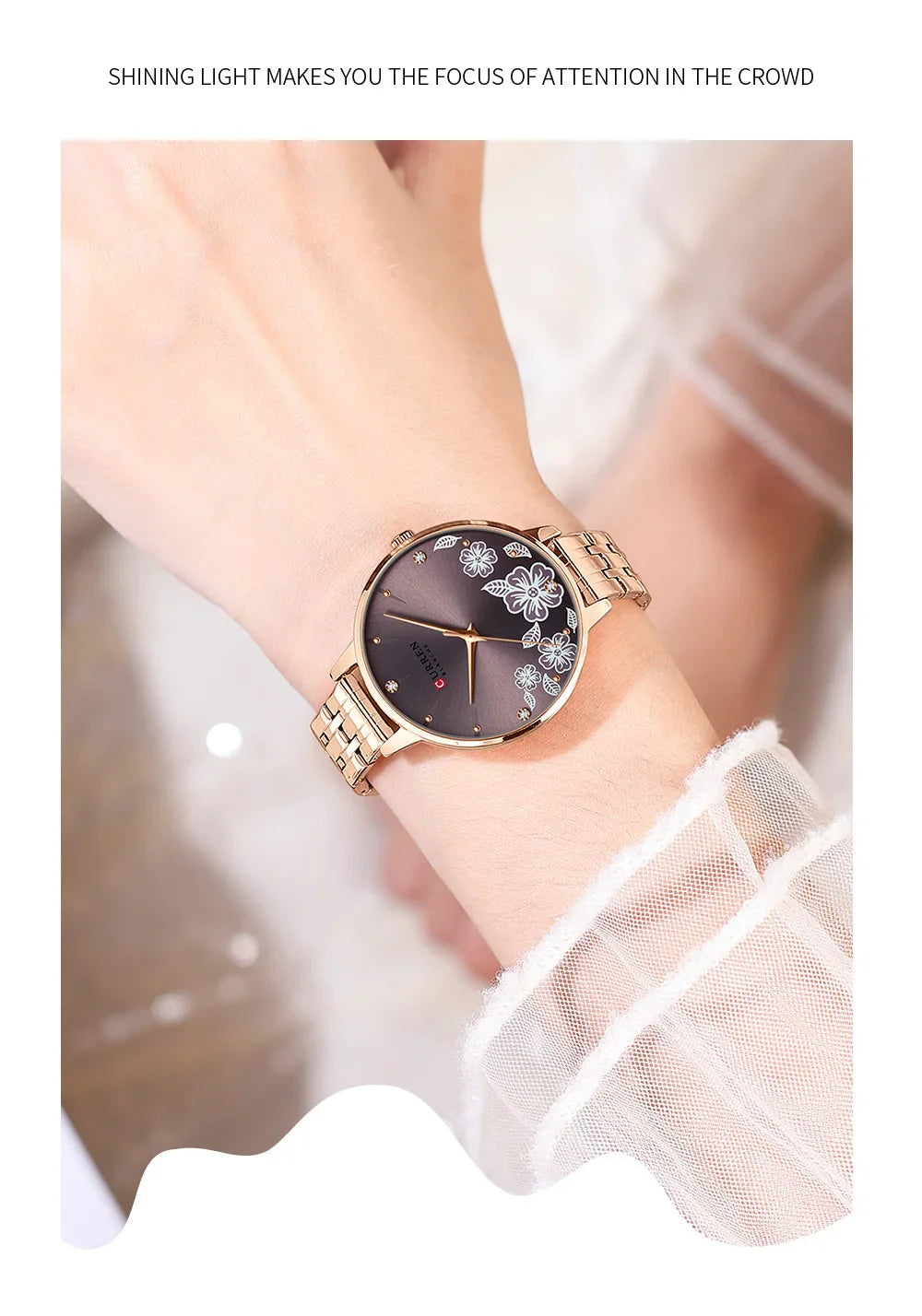 CURREN Fashion Quartz Wristwatches for Women Simple Stainless Steel Watch Bracelet with Flower Design Dial
