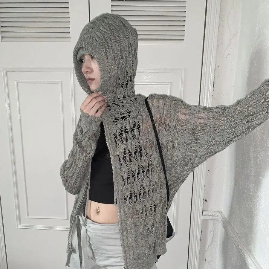 Deeptown Harajuku Zip Up Hooded Cardigan Women Japanese Y2k Style Hollow Crop