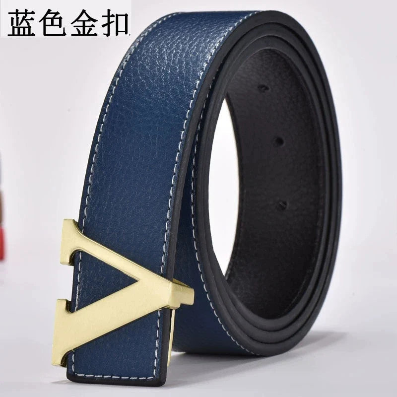 Men's high-end belt with smooth buckle; Korean style fashion trend letter V belt; men's belt