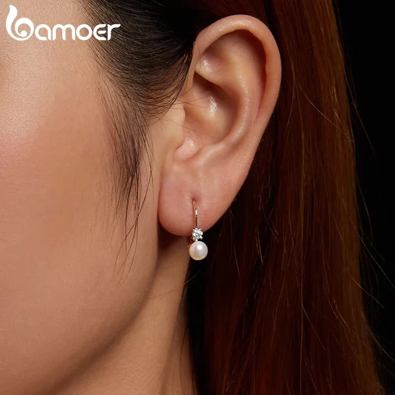 BAMOER Moissanite Freshwater Pearl Earrings for Women Wedding, Round Cut Lab Diamond 925 Sterling Silver Drop Dangle Ear Buckles