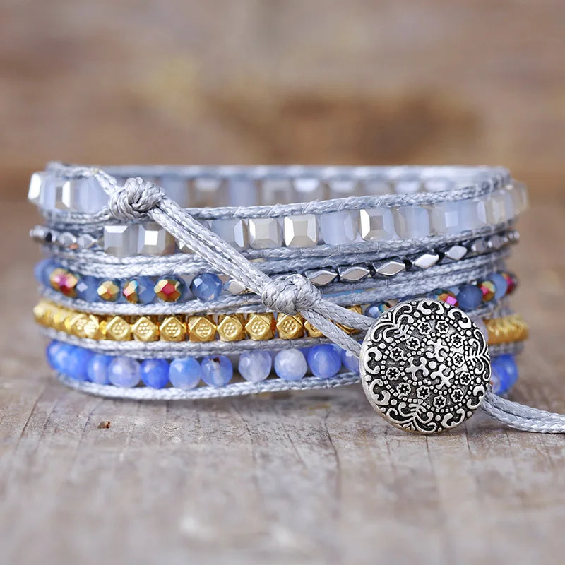 Boho Multistrand Stone Leather Wrap Bracelet Five Wrap Stackable Handmade Bracelets Vintage Statement Jewelry Bijoux