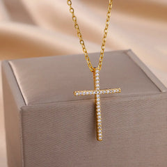 Cross Pendant Necklace for Women Gold Color Stainless Steel Collar Necklaces