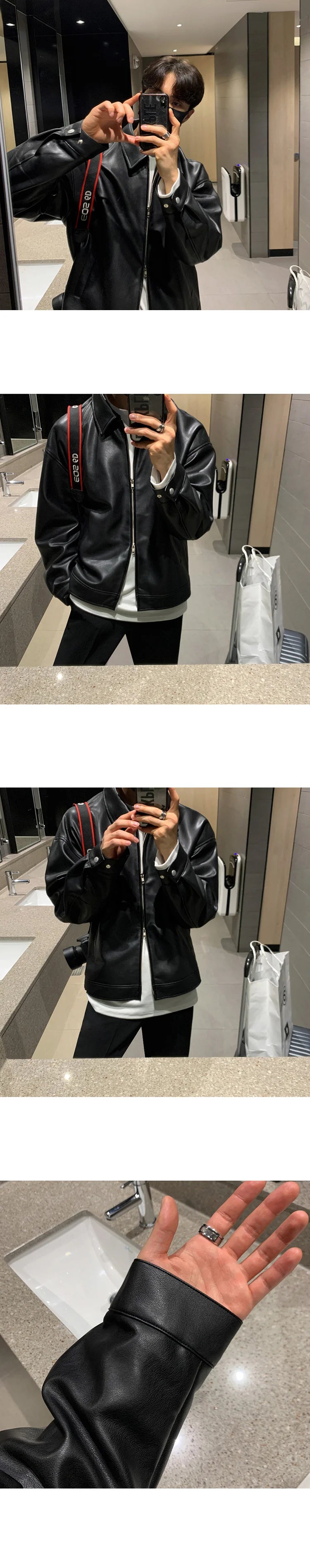 Korean Chic Double Zipper Men's PU Leather Jacket Black Simple