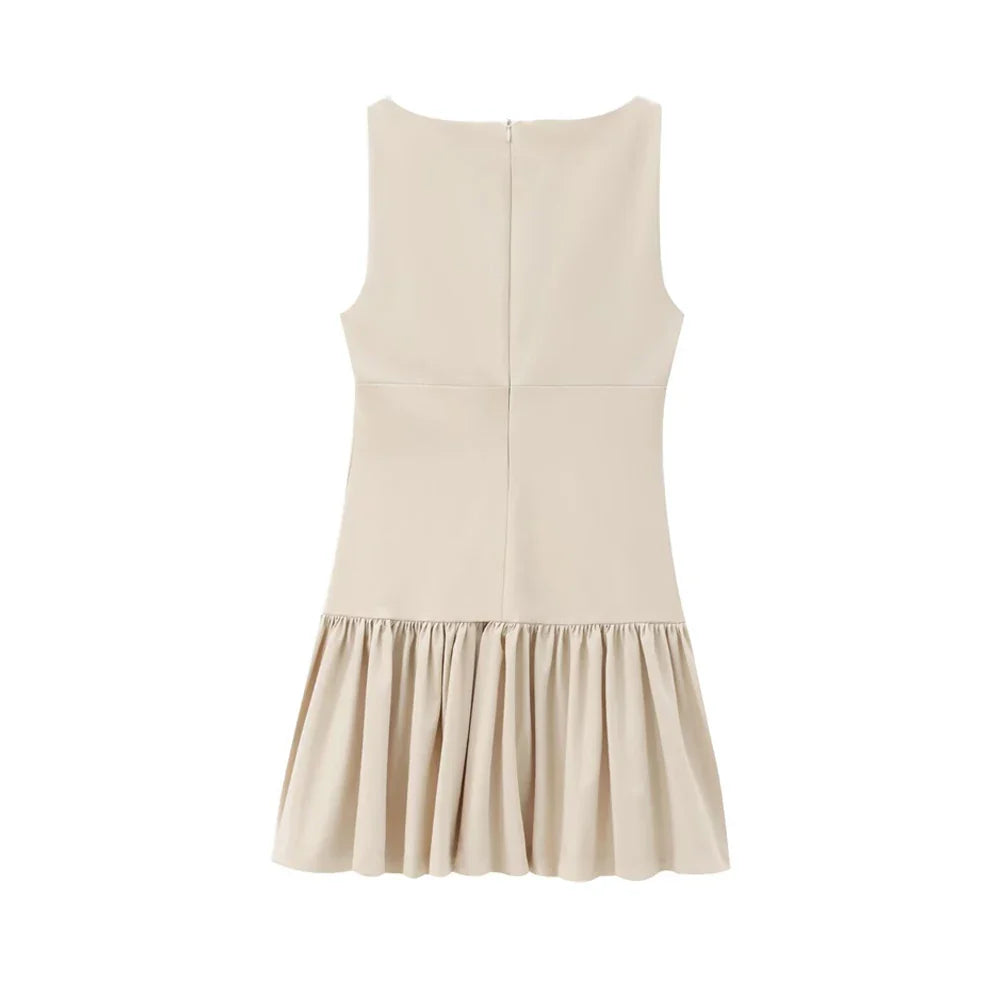 Women's Ruffled Mini Dress with Bows, O Neck, Sleeveless, Back Zipper, Female Dresses, Chic Fashion