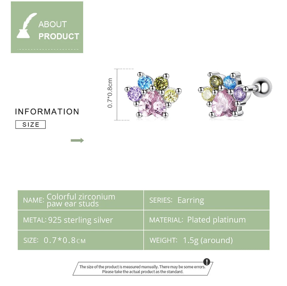 WOSTU 925 Sterling Silver Animals Cute Paws Rainbow Stud Earrings For Women Heart Oval Flower Zircon Crab Ear Studs Jewelry Gift