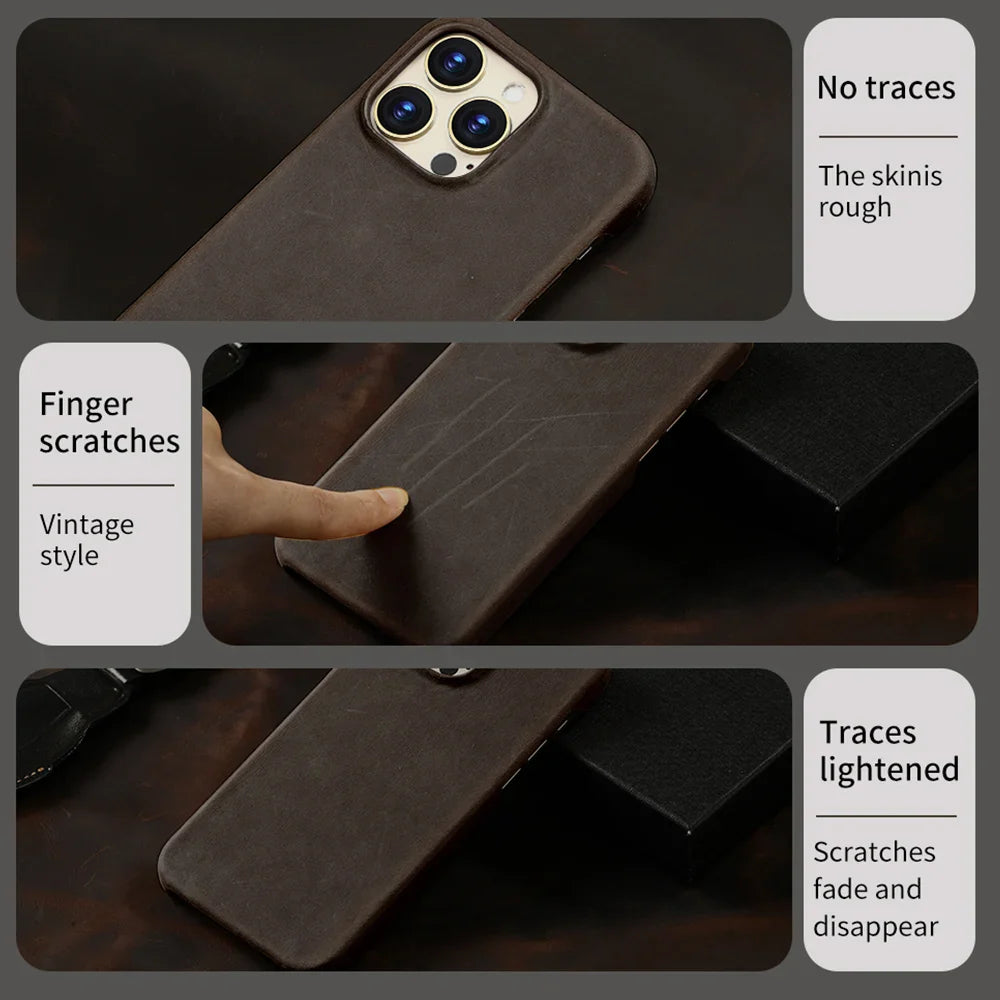 Magsafe Case for iPhone 17 Air 16 15 Pro Max Retro Luxury Full Grain Cowhide Genuine Oiled PULL-UP Leather Magnetic Cover