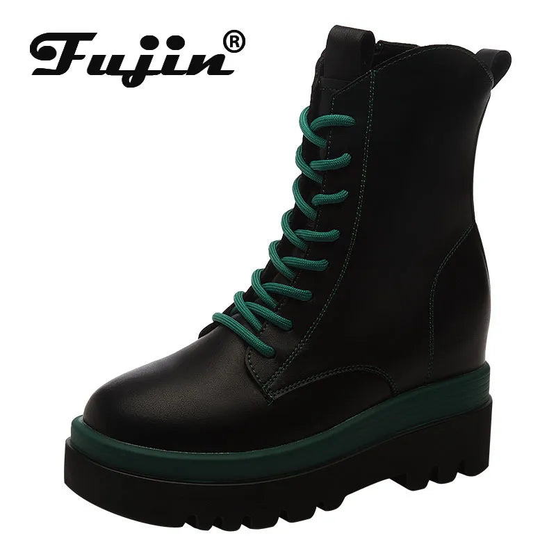 Fujin 8cm New Brithish Style Genuine Leather Platform Wedge Hidden Heel Spring Autumn Mid Calf Snow Boots Women ZIP Comfy Shoes