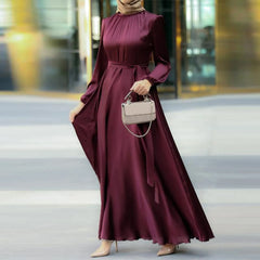 Women'S Muslim Party Solid Satin Maxi Dress Summer Chic Elegant Puff Sleeve