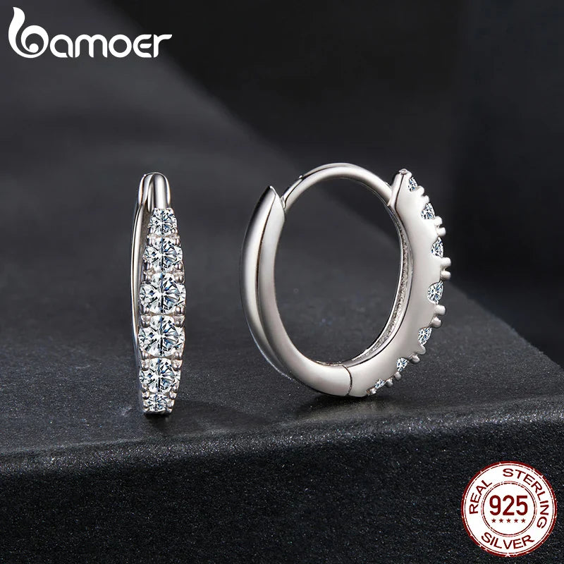 BAMOER Moissanite Huggie Hoop Earrings for Women, 925 Sterling Silver Hypoallergenic Earrings with White Gold Plated MSE092