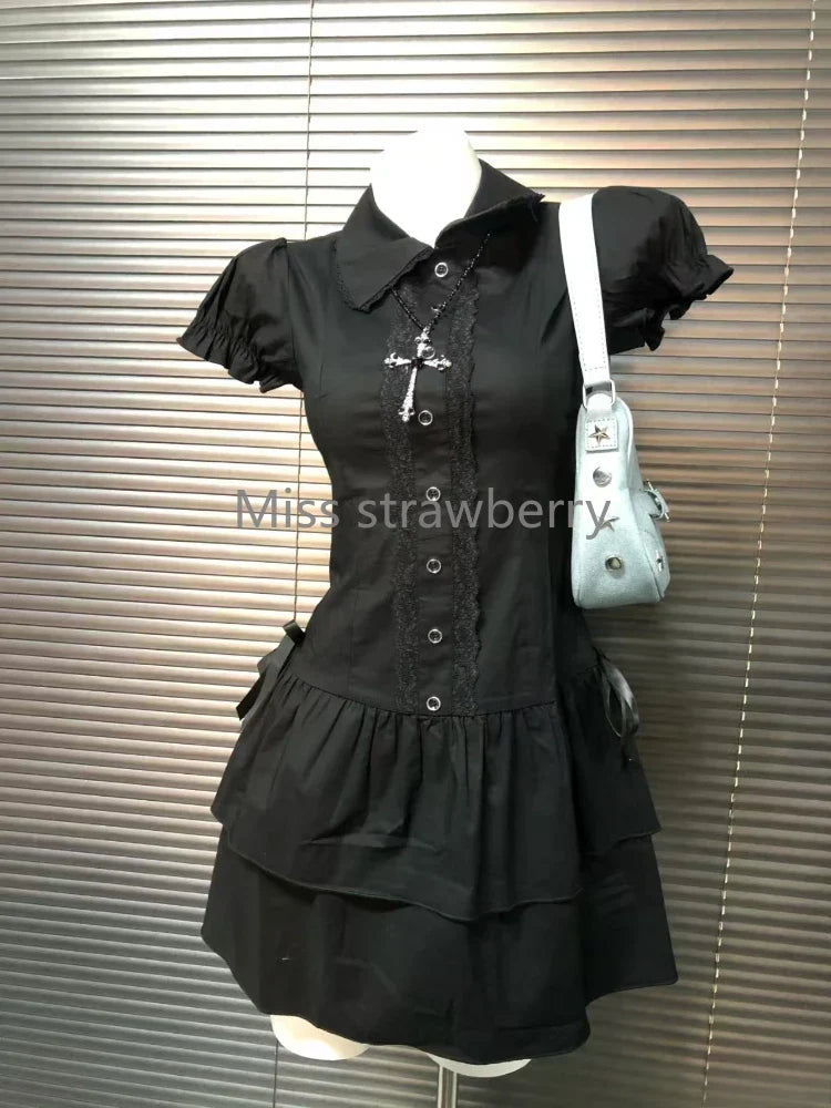 Summer Chic Vintage Black Short Sleeve Dress Women High Street Y2k Patchwork Slim Lapel Gothic Dresses Retro Hot Girl Clothing