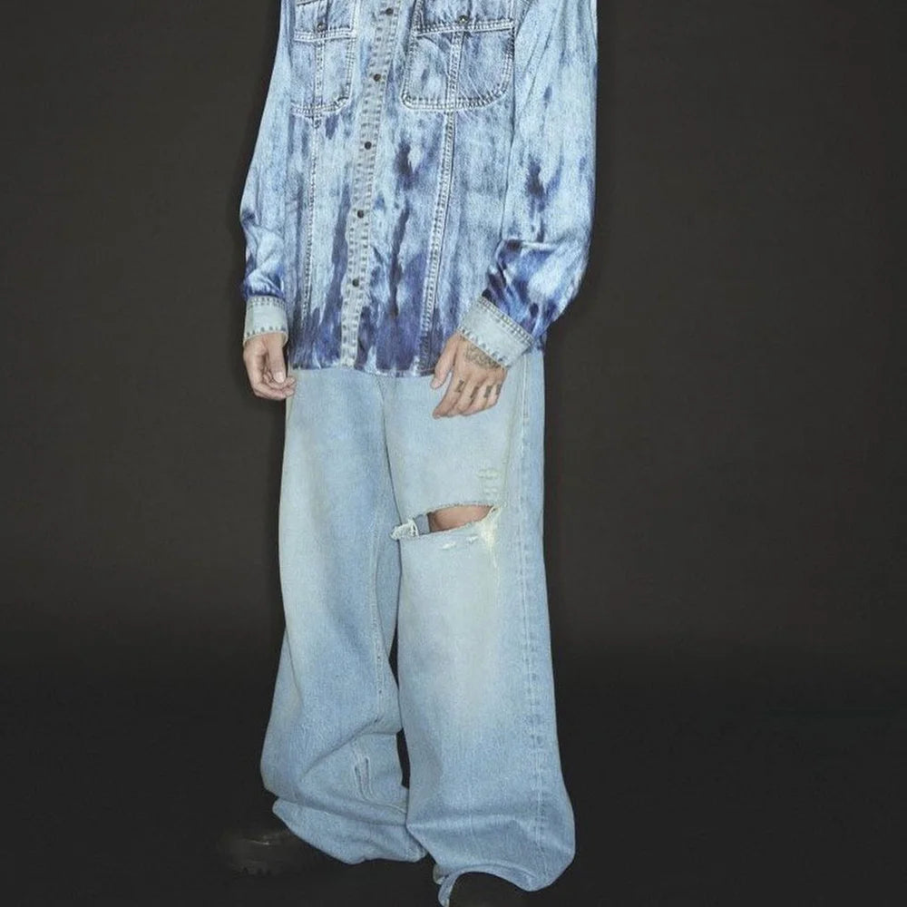 Streetwear Wide Leg Baggy Hole Cut Washed Jeans Unisex Straight Y2K Ripped Flare
