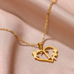 Gold Color Dainty Flower Initials Necklace Women Girl Stainless Steel Heart Letter