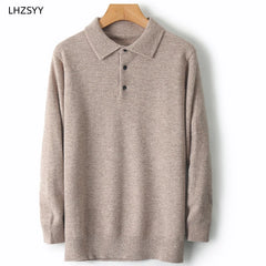 Merino Wool Hot Cardigans Men Lapel Pullover Long Sleeve POLO Neck Sweaters