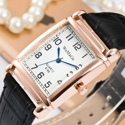 Fashion Women Watches Luxury Metal Rose Gold Square Ladies Quartz Wristwatch Rectangle Red Leather Female Clock