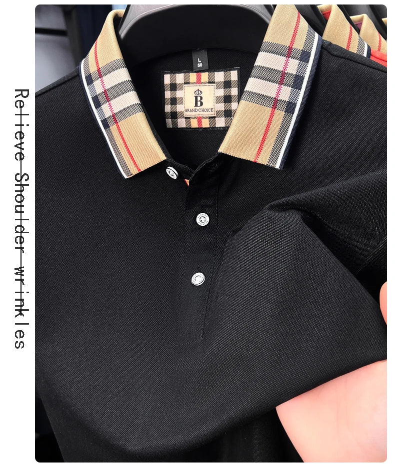 High end silky cotton breathable short sleeve polo shirt men's summer new trend plaid lapel designer brand casual golf T-shirt