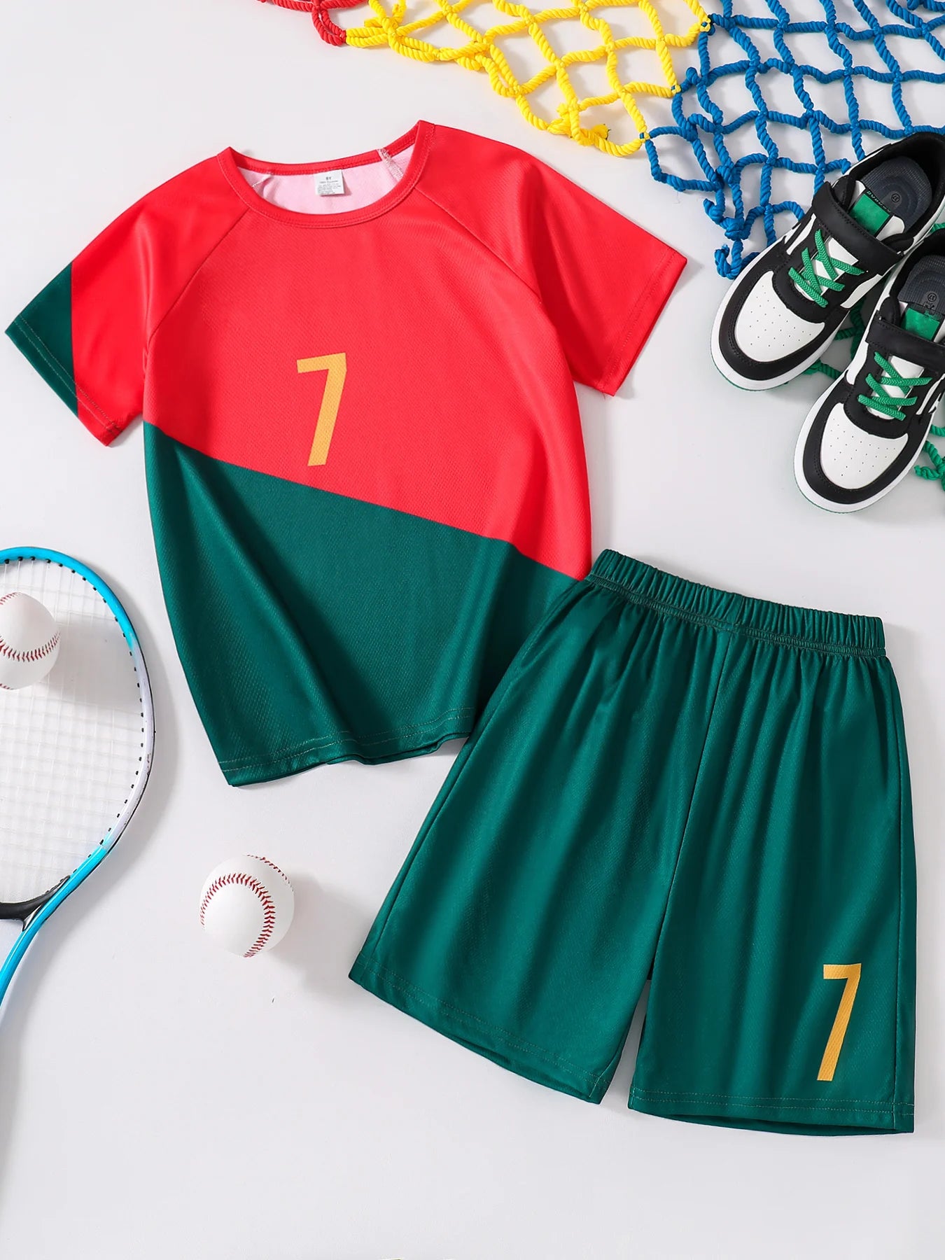 Children Red and Green Splicing Color No. 7 Legend Quick-drying Sports Football Suit Set