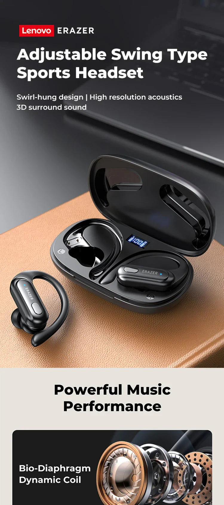 ERAZER XT60PRO Sports Wireless Headphones Bluetooth  Earphones Earbuds Noise Reduction Headset with Mic Earhook