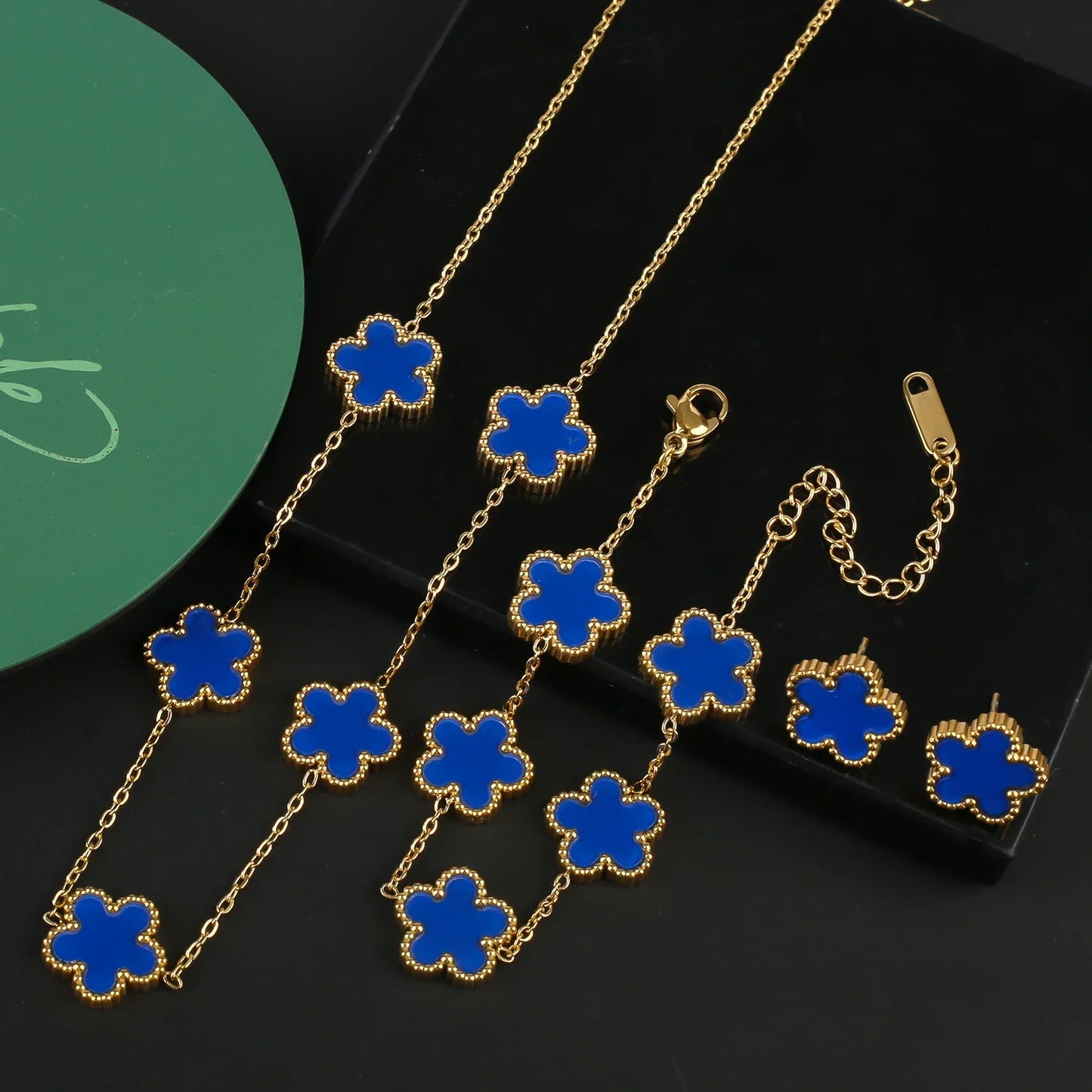 INS Hot Sale Stainless Steel Five Laef Flower Clover Bracelet Jewelry Set Necklace Earrings For Woman Daily Wear Brand Jewelry