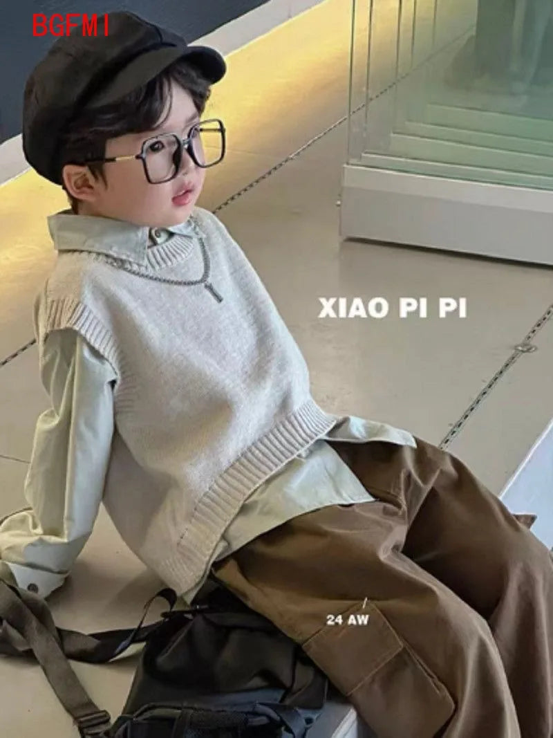 Boys' Black Vest + Shirt+ Casual Pants 3pcs Set Children's Spring Long Sleeved Early Autumn Set Baby Cool and Handsome Clothes