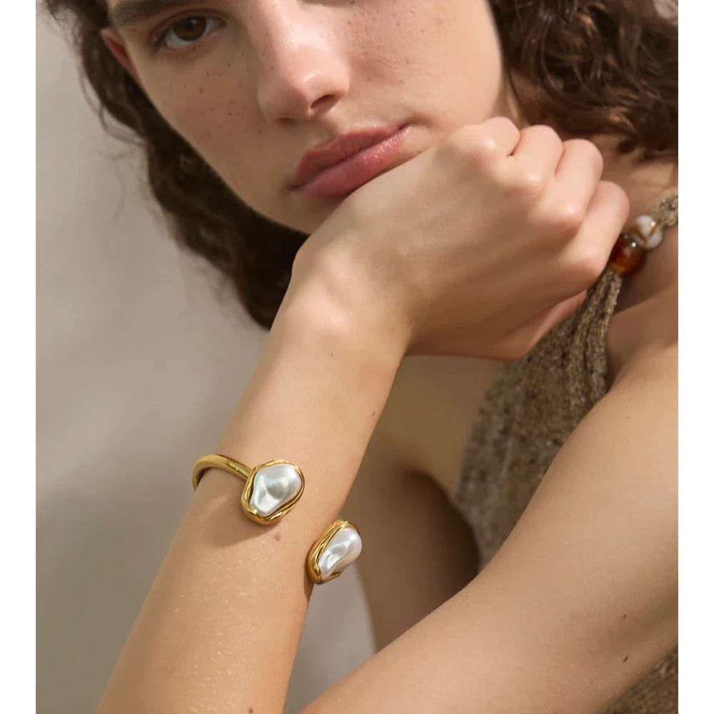 Yhpup 59mm Stainless Steel Baroque Simulated Pearls Cuff Bracelet Bangle Tarnish Resistant Gold Color Wrist Jewelry New