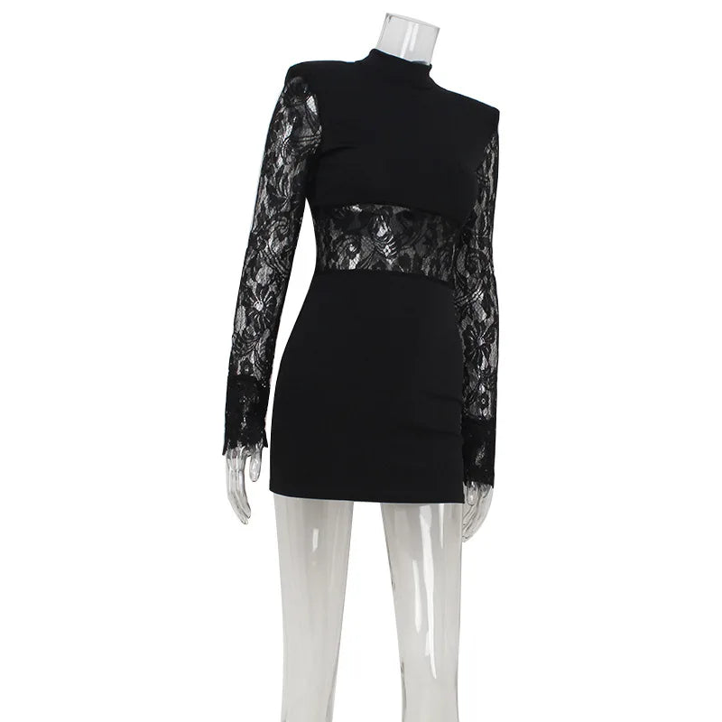 CNYISHE Patchwork Lace Hip Wrap Sheath High Collar Women Dresses Long Sleeve Sexy Club Fashion Bodycon Sheer Female Vestidos