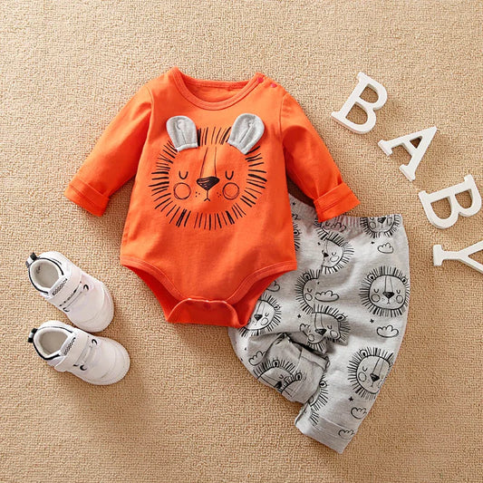 Animal - Orange lion print long sleeve with pants cotton fashion set，0-18 months Newborn Baby boy Spring and Autumn Round Neck