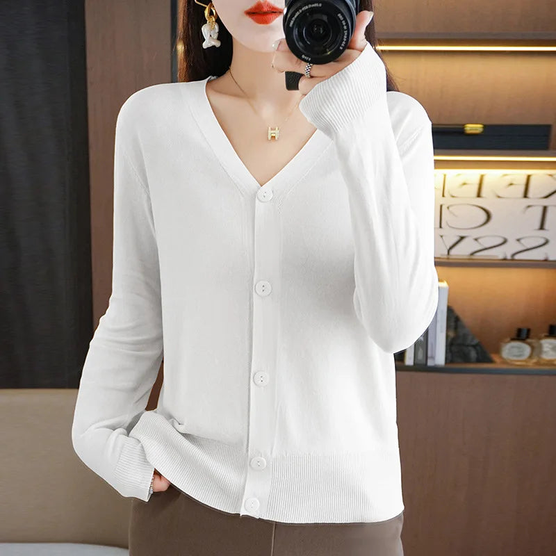 Summer Korean Version Thin Solid V-Neck Ice Silk Knitted Long Sleeve