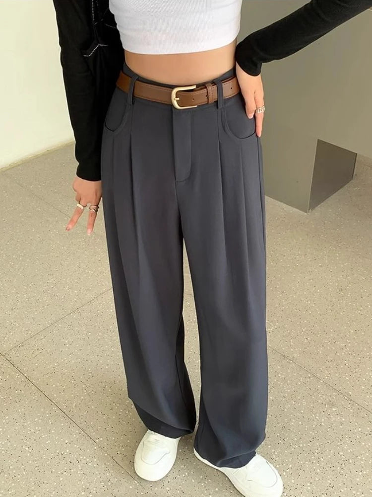 Fashion High Waist Wide Leg Pants Women Spring Fall Baggy Black Trouser Office