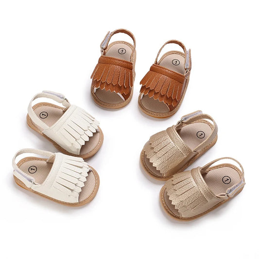 Summer Baby Girl Sandals Solid Fashion Outdoor Tassel Leather Sandal Anti-Slip Soft Sole T-Strap Shoes 0-18M