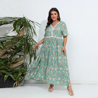 French style western-style oversized dress with cotton, cotton, silk, lace, and floral hem plus size women clothing