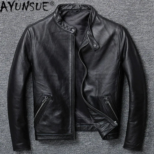 100% Real Cowhide Genuine Leather Jacket Men Clothes Autumn Coat