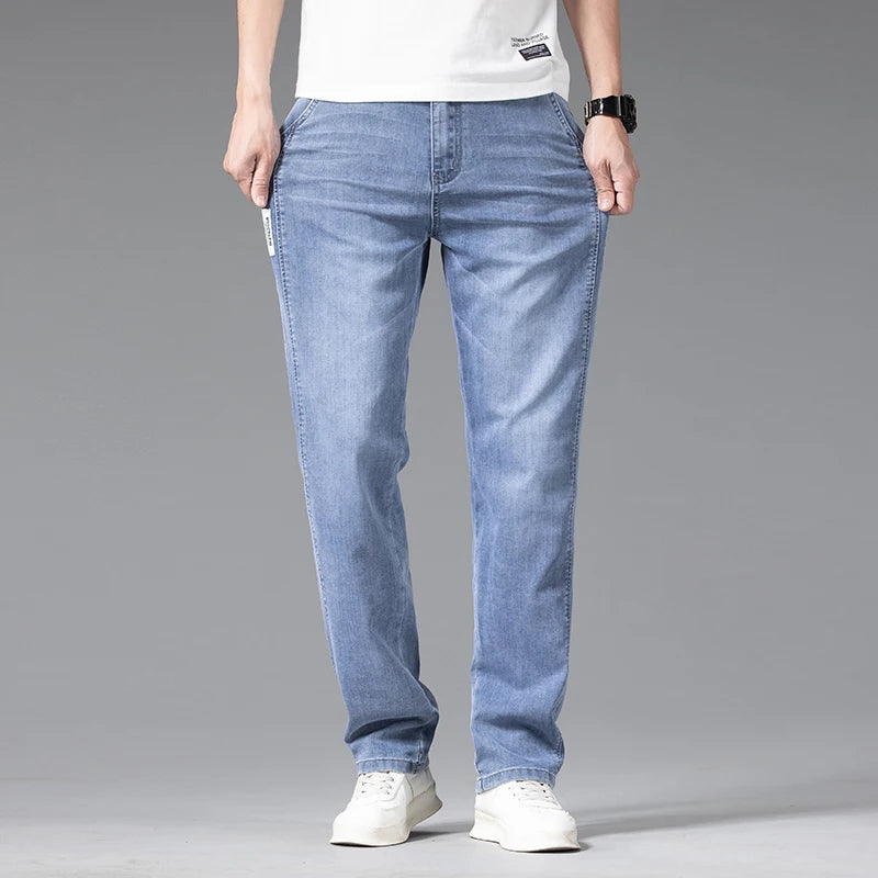 Baggy Jeans Blue Gray Elastic Waist Business Casual Straight Denim Trousers