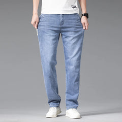 Baggy Jeans Blue Gray Elastic Waist Business Casual Straight Denim Trousers