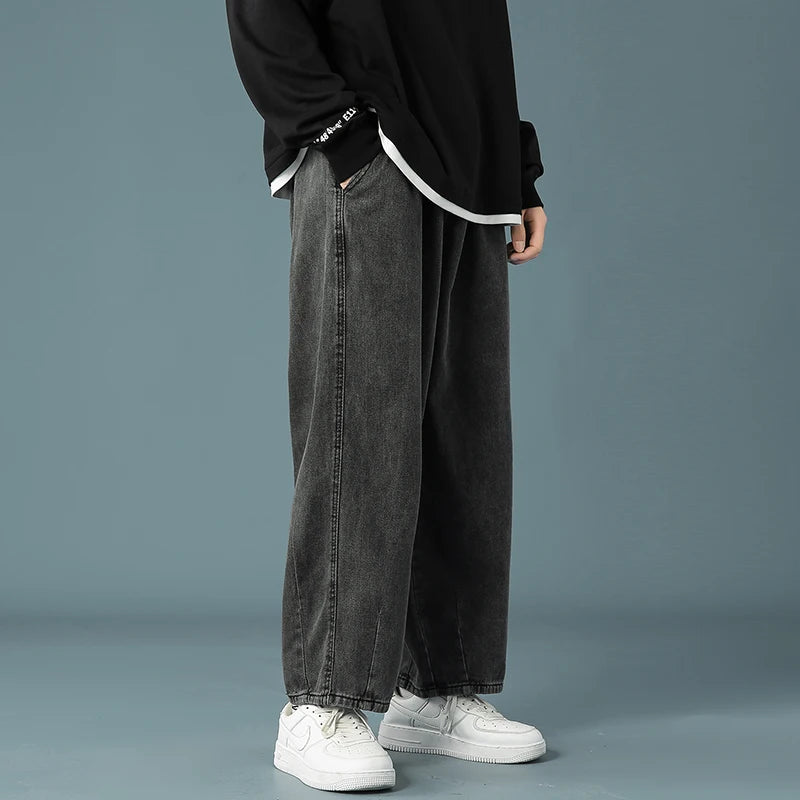 Men's Baggy Denim Wide Leg Pants Korean Style Elastic Waist Stylish Harem Fit Jeans