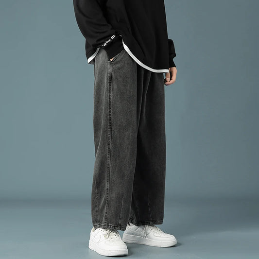 Men's Baggy Denim Wide Leg Pants Korean Style Elastic Waist Stylish Harem Fit Jeans