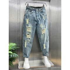 Ripped Jeans Men Clothes Loose Stretch High Waist Jeans Male Denim Pants