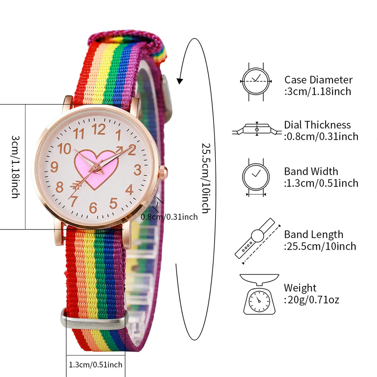 4PCS/Set Fashion Heart Dial Women's Watch Nylon Band Quartz Watch Rainbow Beads Bracelets Set