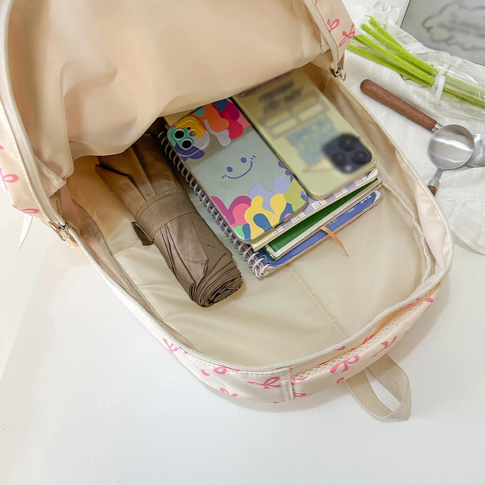 Korean Fashion Bow Print Women's Fashion Backpack Lightweight Simple Student Schoolbag Female Bag Set Three-Piece
