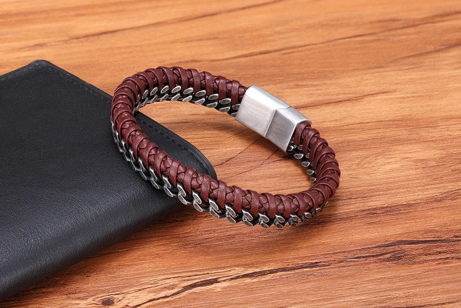 TYO New Fashion Stainless Steel Double Chain Braid Leather Mens Bracelet with Magnetic Buckle Best Gifts Whoesale Dropshipping