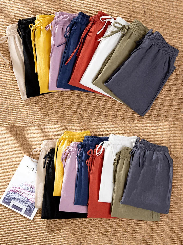 Womens Spring Summer Pants Cotton Linen Solid Elastic waist Candy Colors Pants
