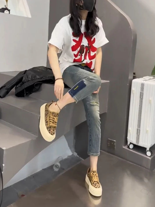 Y2k Pants Style High Waist Elastic Hole Small Feet Jeans
