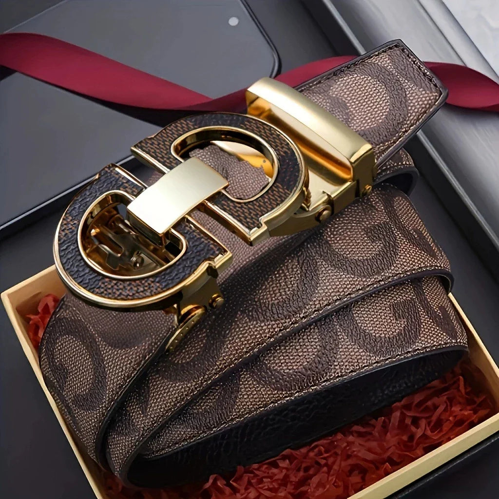 Men's Sleek Automatic Buckle Belt - Genuine FauxwithTextured Square Pattern, Black, Simple & Stylish DesignforCasual Attire