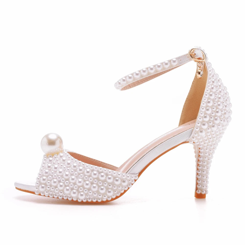 Crystal Queen White Pearl Sandals Women Open Toe High Heels Lady Luxury Wedding Shoes Banquet Dress Stiletto