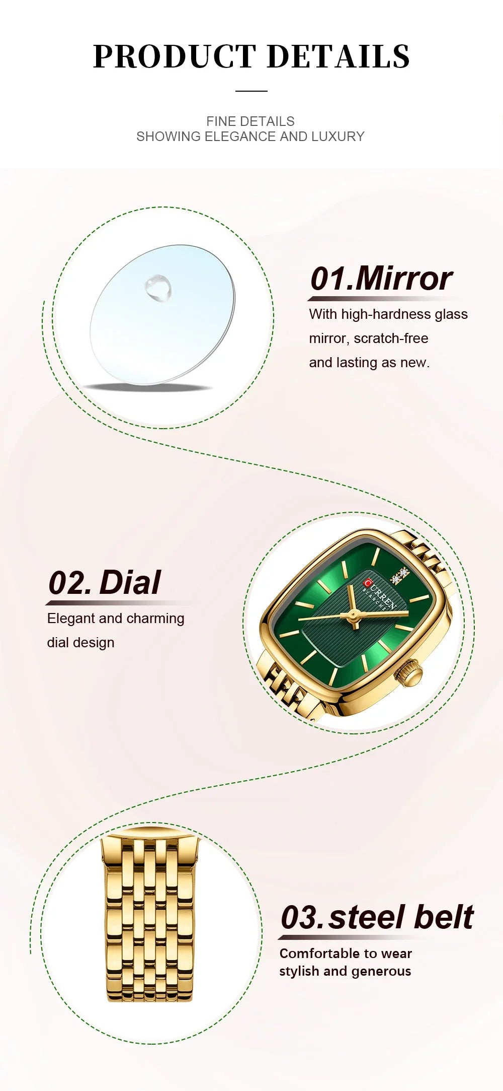 CURREN Fashion Rectangular Ladies Watches New Quartz Waterproof Stainless Steel Strap Wristwatch for Women
