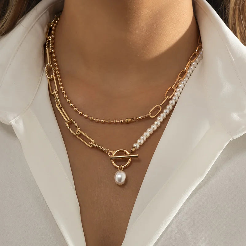 Vintage Layered Baroque Pearl OT Clasp Necklace Set Stacking Beaded Ball Paperclip