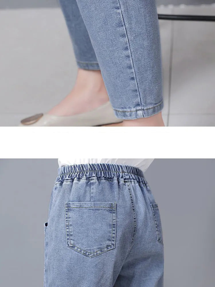 Vintage High Waist Ankle-length Blue Jeans Harem Elastic Denim Pants