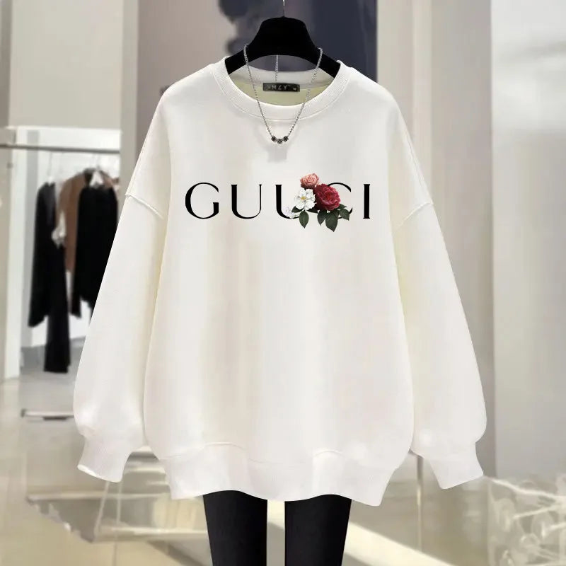 Women's O-Neck Hoodie Letter Printed Loose Long Sleeved Sweatshirt Woman Vintage