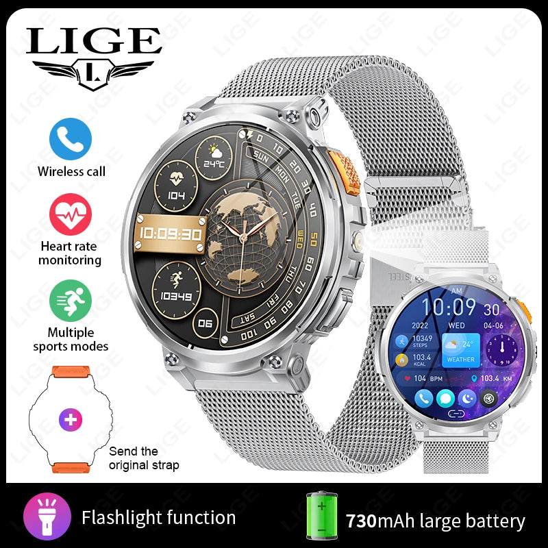 LIGE 1.85” HD Screen LED Flashlight Smart Watch Men 730mAh Large Battery BT Call Man Bracelet Waterproof Fitness Men Smartwatch